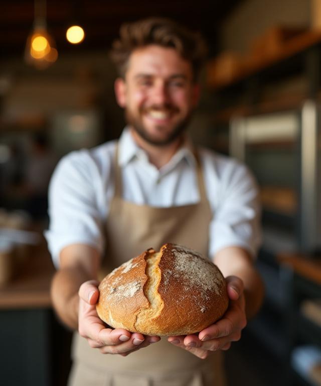 Baker proudly presenting a freshly baked loaf of bread inside Bunya Bakehouse.