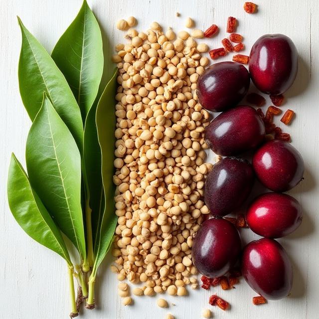 A collage showing lemon myrtle leaves, wattleseed, and davidson plums.