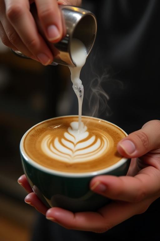 A barista pouring intricate latte art into a cup.