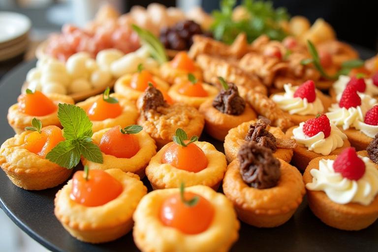 An abundant catering platter with mini pastries and savouries.