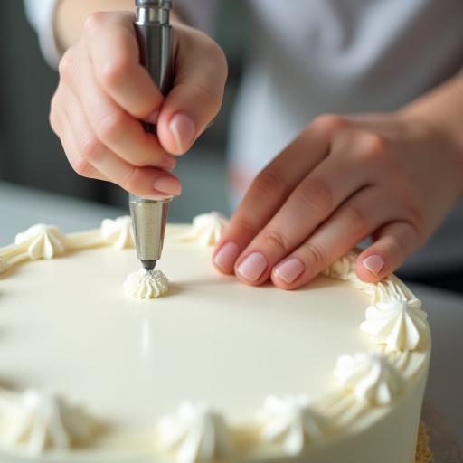 A close-up of a baker artistically icing a celebration cake.