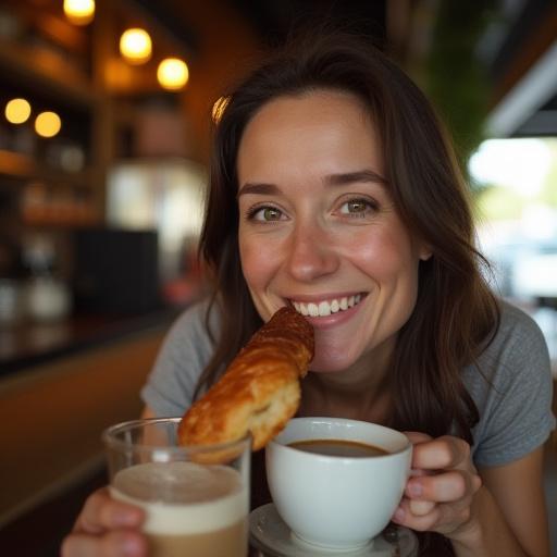 A customer smiling while enjoying a coffee and pastry.