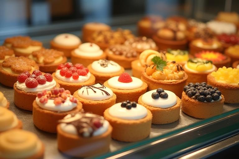 A glass display case filled with a variety of fresh pastries.